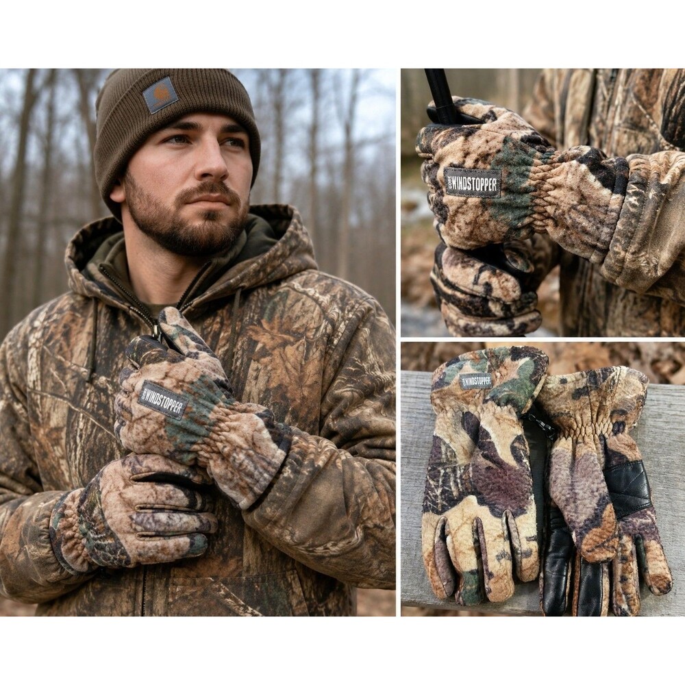Camo Windstopper Fleece Hunting Gloves with Leather Grip Insulated Outdoor L
